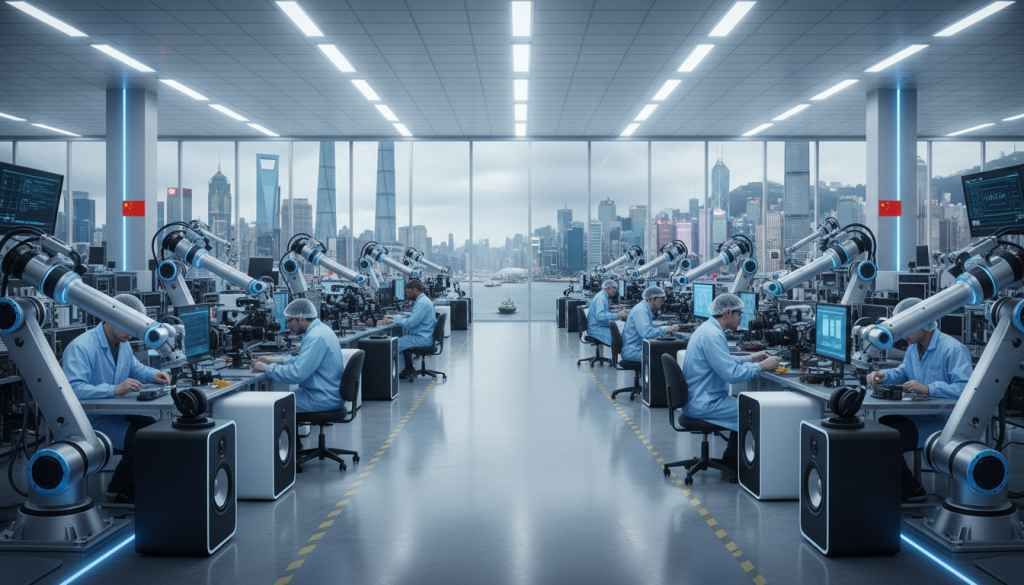 Engineers in lab coats work with robotic arms at computer stations in a high-tech laboratory specializing in audio visual electronics manufacturing in China, with large windows overlooking a modern city skyline.
