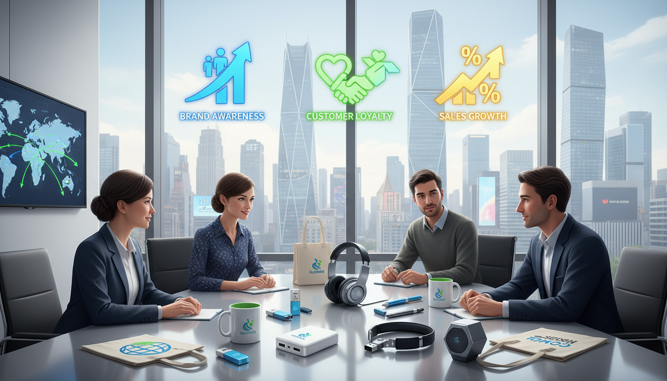 Four professionals meet in a modern office with city views, discussing brand awareness, customer loyalty, and sales growth, as top promotional products manufacturers showcase their items on the table.