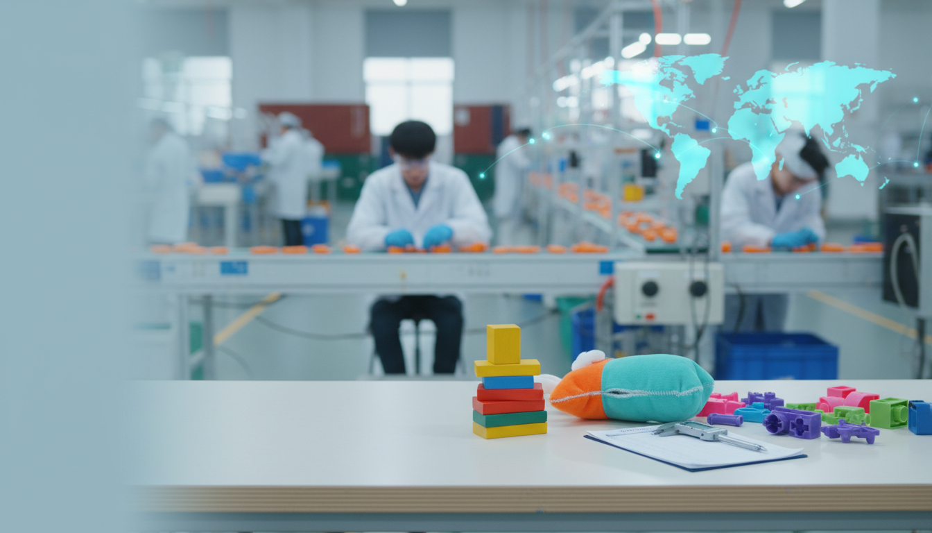 Workers in lab coats inspect toys on an assembly line at a contract manufacturer for toys in China; a clipboard and colorful toys sit on a table in the foreground, overlaid by a digital world map.