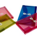 Four translucent plastic document envelopesโpink, blue, yellow, and purpleโeach with a white string and button closure, are arranged on a white surface. Perfect for organizing papers, these are crafted by experts in manufacturing stationery items in China.