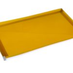 A rectangular yellow mesh screen with metal clips on two corners, shown on a white backgroundโideal for those interested in manufacturing stationery items in China.