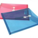 Two translucent plastic document envelopes, one blue and one pink, with string-tie closures, overlap on a white background. Ideal for organizing paperwork, these items showcase the quality of Manufacturing Stationery Items in China.