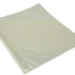 A clear plastic sheet protector, manufactured in China, with three side punch holes for binder insertion, lying flat on a white background.
