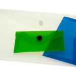 Three translucent plastic document envelopesโone clear, one green, and one blueโare arranged overlapping, each with a black button closure. Perfect for organizing paperwork, these are ideal examples of Manufacturing Stationery Items in China.