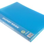 A blue A4 size display book with 40 pockets, shown closed and angled on a white backgroundโexpertly crafted through Manufacturing Stationery Items in China.