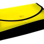 A yellow and black rectangular plastic file folder, crafted by experts in Manufacturing Stationery Items in China, features a button closure, black trim, and metal corner protectors, lying on a white surface.