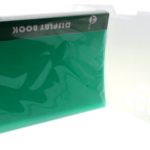 A green display book with 80 pockets, manufactured as part of high-quality stationery items in China, is pictured next to a white plastic file organizer.