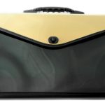 A closed black and beige plastic document folder with a handle and snap closure, manufactured by leading experts in stationery items in China, photographed on a white background.