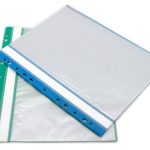 Two transparent plastic document sleeves with colored binder edges, one blue and one green, are stacked on a white backgroundโshowcasing the quality of manufacturing stationery items in China.