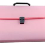 A pink plastic file folder with a black clasp and handle, manufactured by experts in stationery items in China, photographed against a white background.