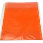 A stack of orange plastic document sleeves with punched holes on the side, manufactured in China, placed inside a clear plastic cover.