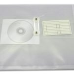 A transparent plastic envelope with a fastening string, containing a blank CD and an index cardโideal for organizing documents. Perfect for those sourcing or Manufacturing Stationery Items in China.