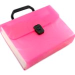 A pink plastic briefcase-style file folder with a black latch and handle, manufactured in China, containing documents and placed on a white background.