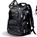 A black multi-pocket backpack with "Itโs Miller Time" written on the front, featuring silver zippers and several golf clubs sticking out of the top compartment.