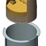 A 3D rendering of a two-part cylindrical container, showing an open-top base and a separate lid with a handle, both in grayscale and brown tones.