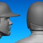 3D model of a person wearing a baseball helmet, shown from front, side, back, and three-quarter views against a blue gradient background.