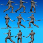 3D models of a baseball player are shown in different stages of a swing, viewed from multiple angles, on a blue gradient background.
