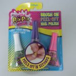 Three bottles of Bo-Po brush-on, peel-off nail polish in a blister pack, labeled as easy, fast drying, and child safe, with the tagline "peels off in seconds".