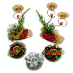 Five decorative candle holders arranged in a semicircle, featuring festive holiday designs with artificial flowers, berries, pine cones, and greenery.