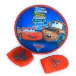 Round blue Disney Pixar Cars 2 swim ring with Lightning McQueen and Mater, travel signs, and two matching red inflatable armbands with Cars logo.