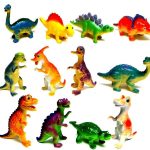 Twelve colorful plastic dinosaur toys arranged in three rows on a white background, each representing different species with varied poses and colors.