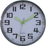 A wall clock showing the time as 2:35:33, with black numbers, green hands, and a silver frame.