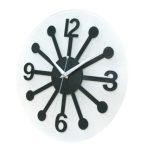 A modern wall clock with a white background, black hour marks at 12, 3, 6, and 9, and black spokes extending from the center. The time shown is approximately 1:50.