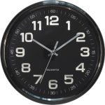 A black wall clock shows the time as 10:10:08, with white numerals and silver hands.