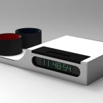 A modern digital clock with a rectangular base, two cup holders containing black cups, and a green digital time display reading 11:48:54.