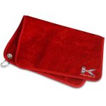 A red microfiber towel with a silver metal ring and the Kiwi Golf logo in the corner.