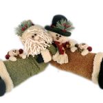 Two plush holiday stocking decorations shaped like Santa Claus and a snowman, each with small teddy bear accents and festive winter attire, placed on a white background.