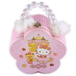 A pink, flower-shaped Hello Kitty box with a beaded handle, fluffy white trim, and a cartoon castle, bear, and Hello Kitty on the front.