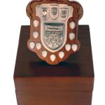 A wooden trophy shield featuring multiple small blank plaques and a central plaque reading "Harvey Norman State of Origin" displayed on a wooden box.