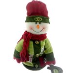 Plush snowman wearing a red hat, scarf, and mittens, green coat with buttons, and a green headband featuring a gold Toyota logo.