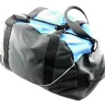 A large duffel bag with black sides and blue top, featuring black straps and handles, is shown on a white background.
