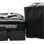 Two black carrying bags are shown; one has "ARMYTRANSPORT MOTOR POOL" printed on the front, both made from synthetic material with handles and zippers.
