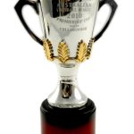 A silver and gold Australian Football League 2010 Premiership Cup trophy with "Won by Collingwood" engraved on the front, displayed on a dark round base.