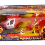 Boxed toy set labeled "Fire Rescue" featuring a red helicopter, firefighter figures, a fire hydrant, and a traffic cone. For ages 3 and up.