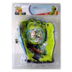 A Toy Story-themed baseball glove and ball set in green packaging, featuring Buzz Lightyear, displayed in clear plastic blister packaging.