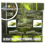 Box of five miniature US M3A1 halftrack personnel carrier models at 1:100 scale, suitable for tabletop gaming or display.