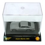 A miniature Aston Martin DB5 model in a display case with "007" and Shell logos on the base.
