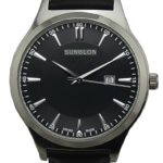 A black analog wristwatch with silver markings, a date display at 3 o'clock, and a black leather strap. The brand "SUNBLON" is visible on the dial.