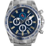 A silver stainless steel chronograph wristwatch with a blue dial, three subdials, yellow accents, and a tachymeter scale engraved around the bezel.