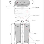 Exploded diagram showing a cylindrical device with labeled parts: plastic lid, plastic seal, latex top layer, latex wall, peeler, foam, cardboard, and reservoir, with measurements.