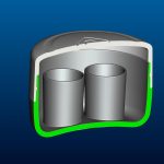 Cross-sectional view of a rounded container with two cylindrical objects inside, outlined by a green and white border, against a blue background.