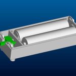 3D rendering of a rectangular battery holder containing two cylindrical batteries and a small green component on one end, set against a blue background.