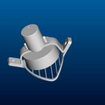 3D-rendered image of a metallic mechanical part with two mounting tabs, a cylindrical section, and a protective cage-like structure at the bottom, set against a blue gradient background.