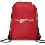 A red drawstring backpack with the words "IT'S MILLER TIME" printed in white on the front.