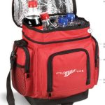 A red insulated cooler bag with "It's Miller Time" printed on the front, filled with bottles of water and soda. The lid is open, showing the reflective interior lining.