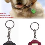 A dog wearing a green digital tag on its collar; below are two close-up images of the same digital device as keychains, one in black and one in red.